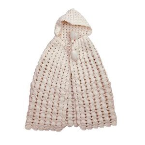 Baby Infant Handmade Crochet‎ One Size Cream Hooded Tie Neck Cape Hand Knit